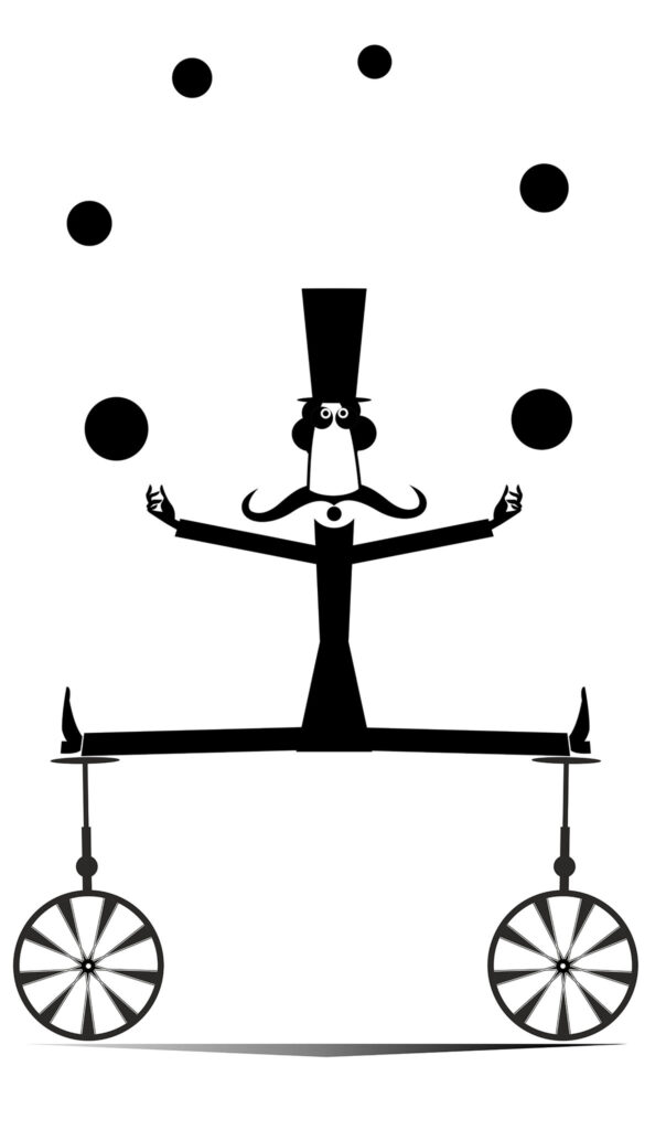 Equilibrist mustache man on two unicycles juggles the balls illustration. Funny long mustache man in the top hat balances on two unicycles and juggles the balls black on white illustration